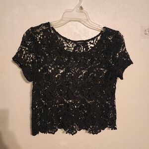 💕5 For $20 Ambiance Knit Lace Black Short Sleeve Crop Top Size S